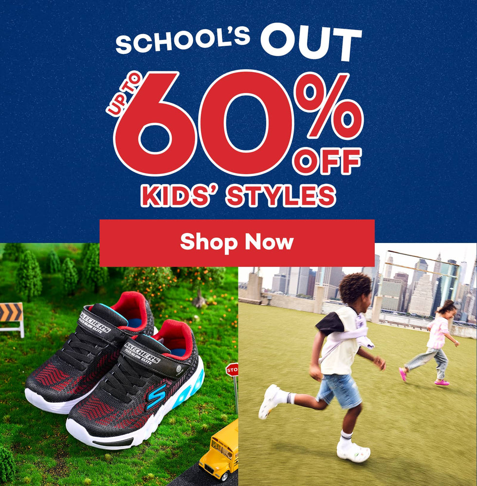 Black and red Skechers shoes on grass, children playing in an urban setting wearing Crocs clogs, with a sale announcement stating "SCHOOL'S OUT UP TO 60% OFF KIDS’ STYLES." Click to shop Kids' Sale.