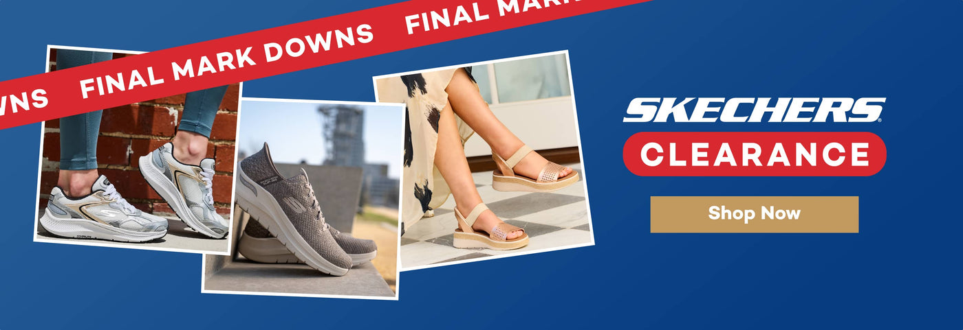 Promotional Skechers Clearance advertisement featuring three pairs of Skechers on a blue background, with the text "CLEARANCE" and "FINAL MARK DOWNS" overlaid in red. Click to visit our Skechers Clearance collection.
