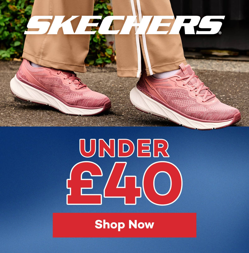 Skechers athletic shoes in pink and white, shown on a model wearing tan track pants. The left side features a blue promotional banner with the text 'SKECHERS UNDER £40 Shop Now'.