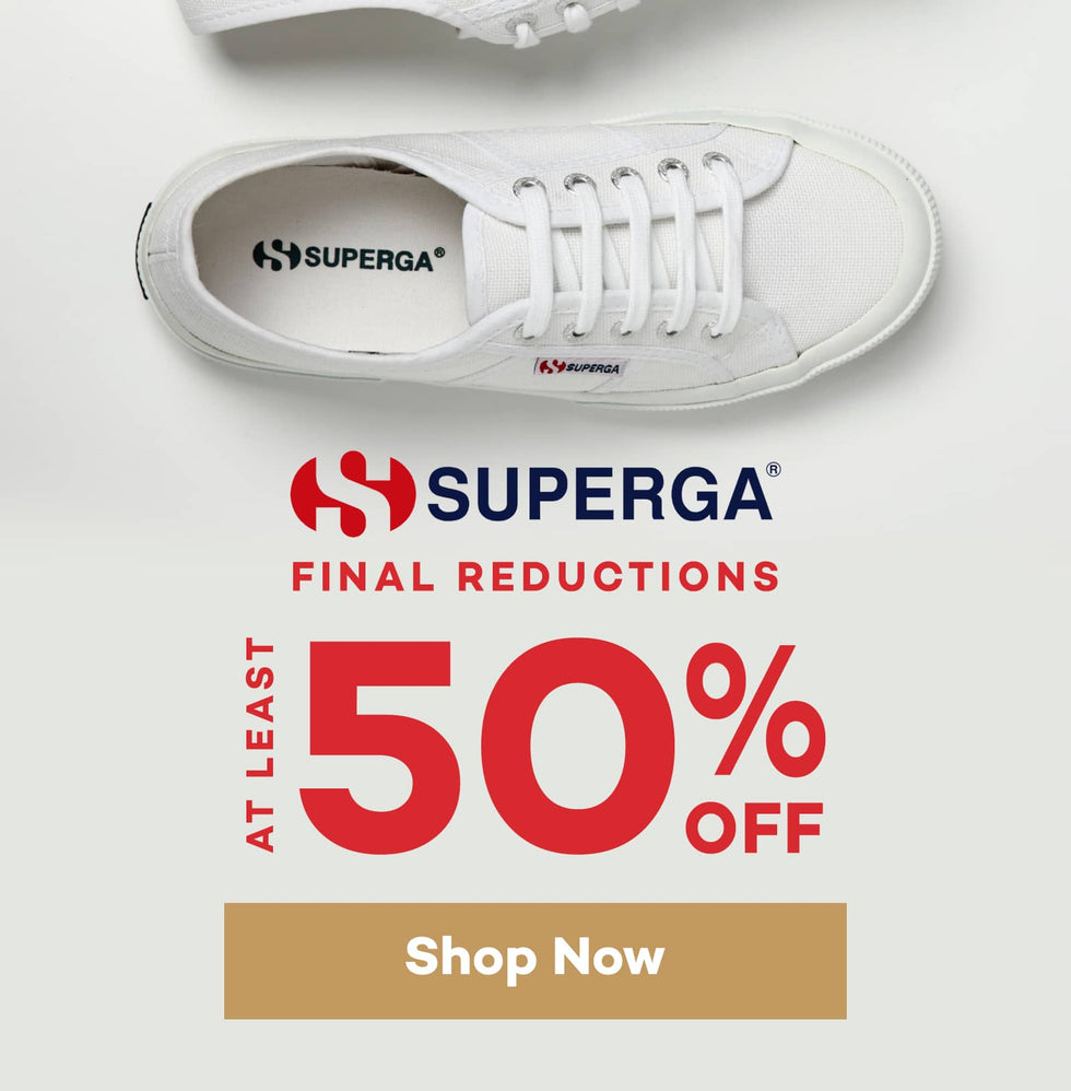 Superga footwear sale banner with "At least 50% off" offer displayed beside white shoes. Click to shop now.