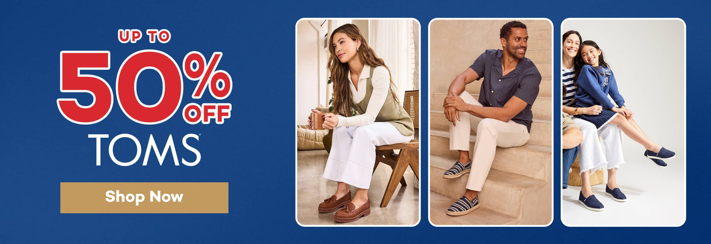 Promotional banner for Toms shoes with up to 50% off Sale. Click to shop now.
