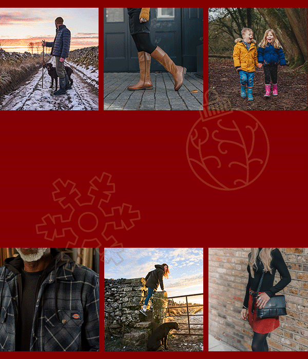 A selection of location photos of various clothing sold on Brantano on a red background animating on a loop with a gold snowflake and bauble illustration