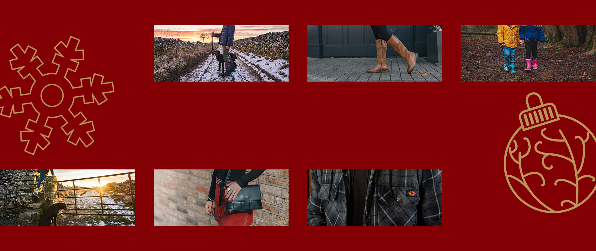 A selection of location photos of various clothing sold on Brantano on a red background with a gold snowflake and bauble illustration