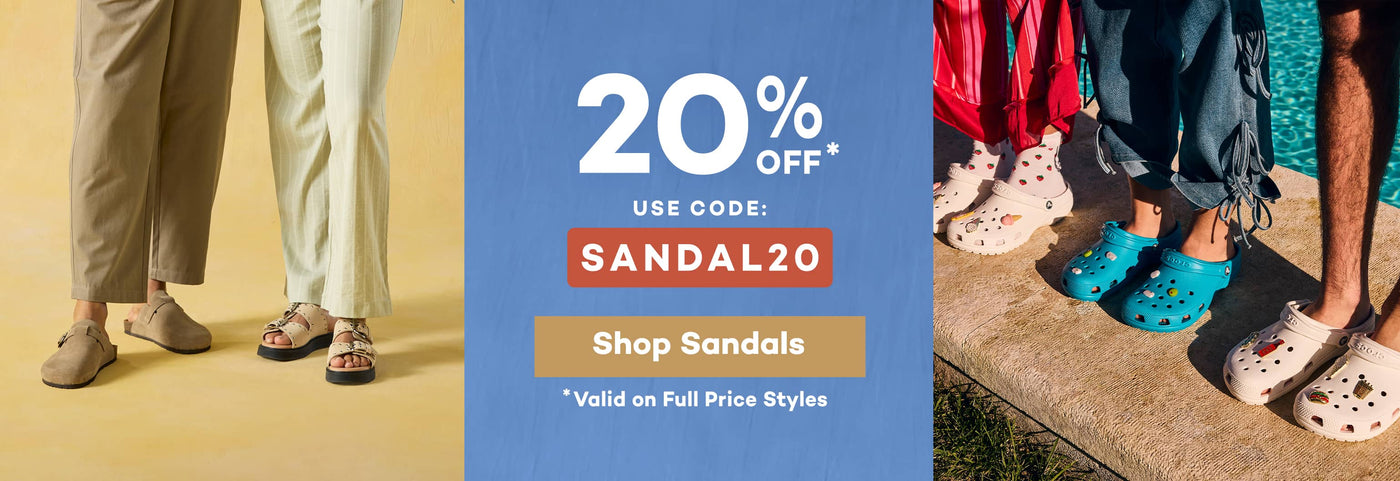 Promotional banner for sandals with a 20% off discount code - SANDAL20 | Click to shop now.