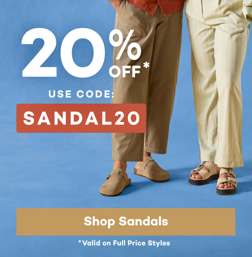 Promotional banner for sandals with a 20% off discount code - SANDAL20 | Click to shop now.