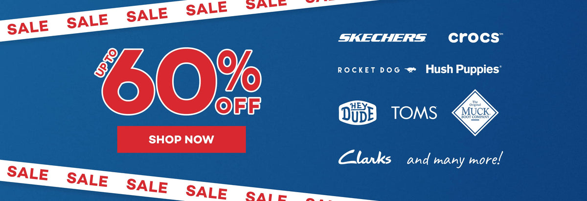 A blue promotional sale graphic with large red text reading 'UP TO 60% OFF' and a red 'SHOP NOW' button. A white banner across the top says 'SALE'. Click to shop now.