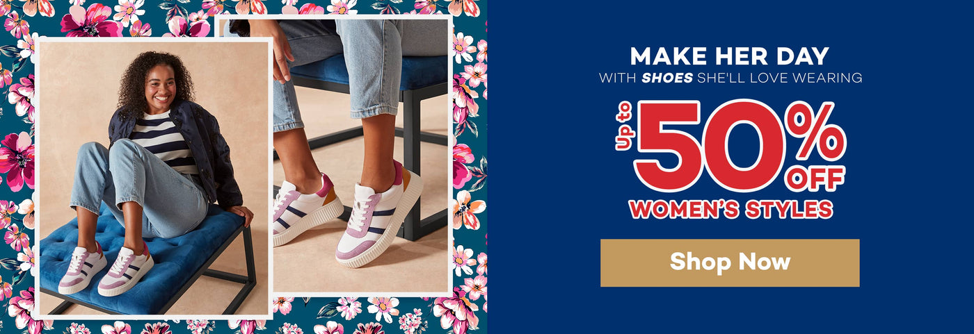 Promotional image with a woman sitting on a blue chair, featuring up to 50% off discount on women's styles. Click to shop now.