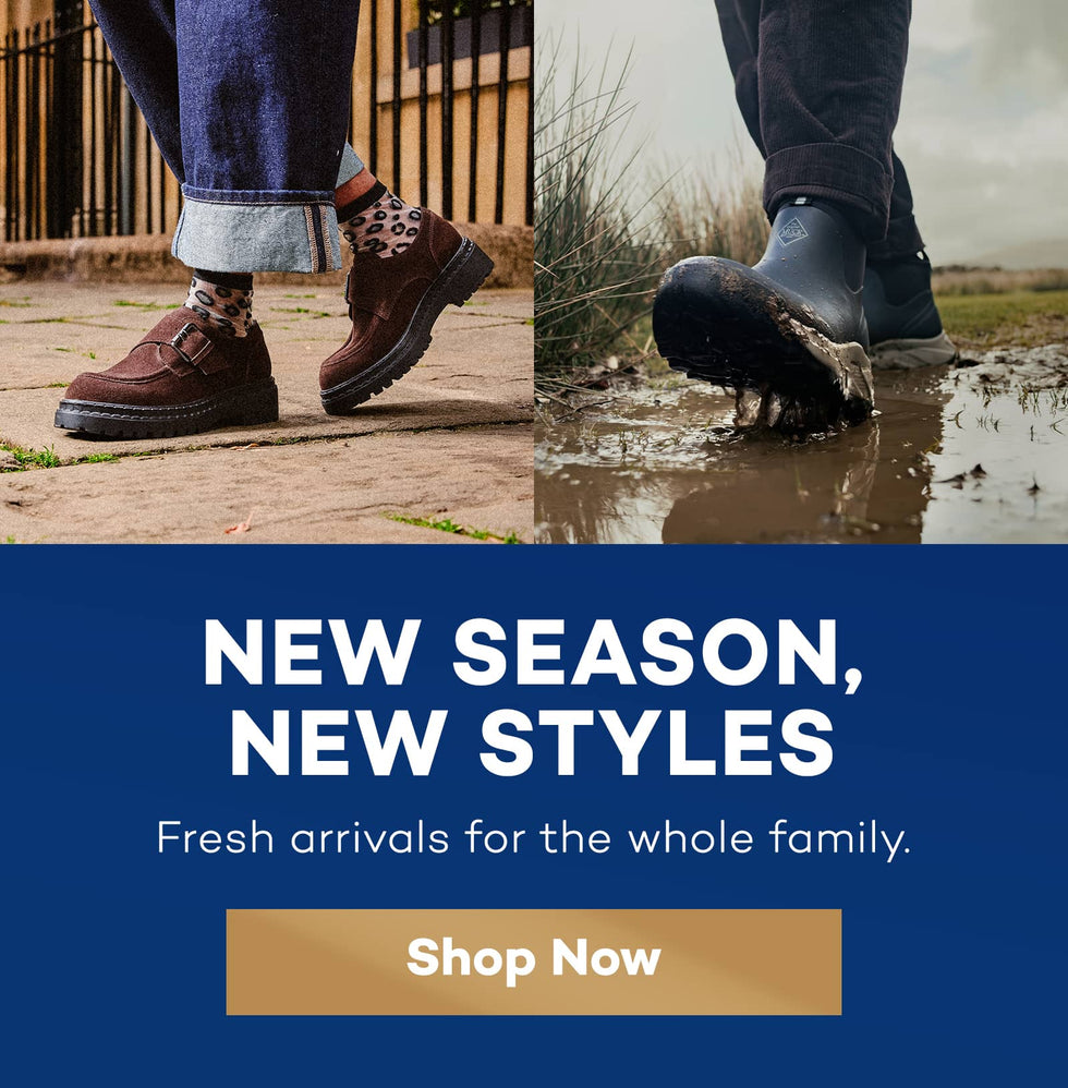 A promotional banner with two lifestyle photos of footwear: one person wearing brown leather double-strap shoes with leopard-print socks walking on a stone path, and another person wearing black rubber boots stepping out of a muddy puddle. Below, a dark blue panel reads 'NEW SEASON, NEW STYLES' with 'Fresh arrivals for the whole family.