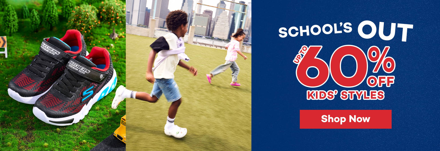 Black and red Skechers shoes on grass, children playing in an urban setting wearing Crocs clogs, with a sale announcement stating "SCHOOL'S OUT UP TO 60% OFF KIDS’ STYLES." Click to shop Kids' Sale.