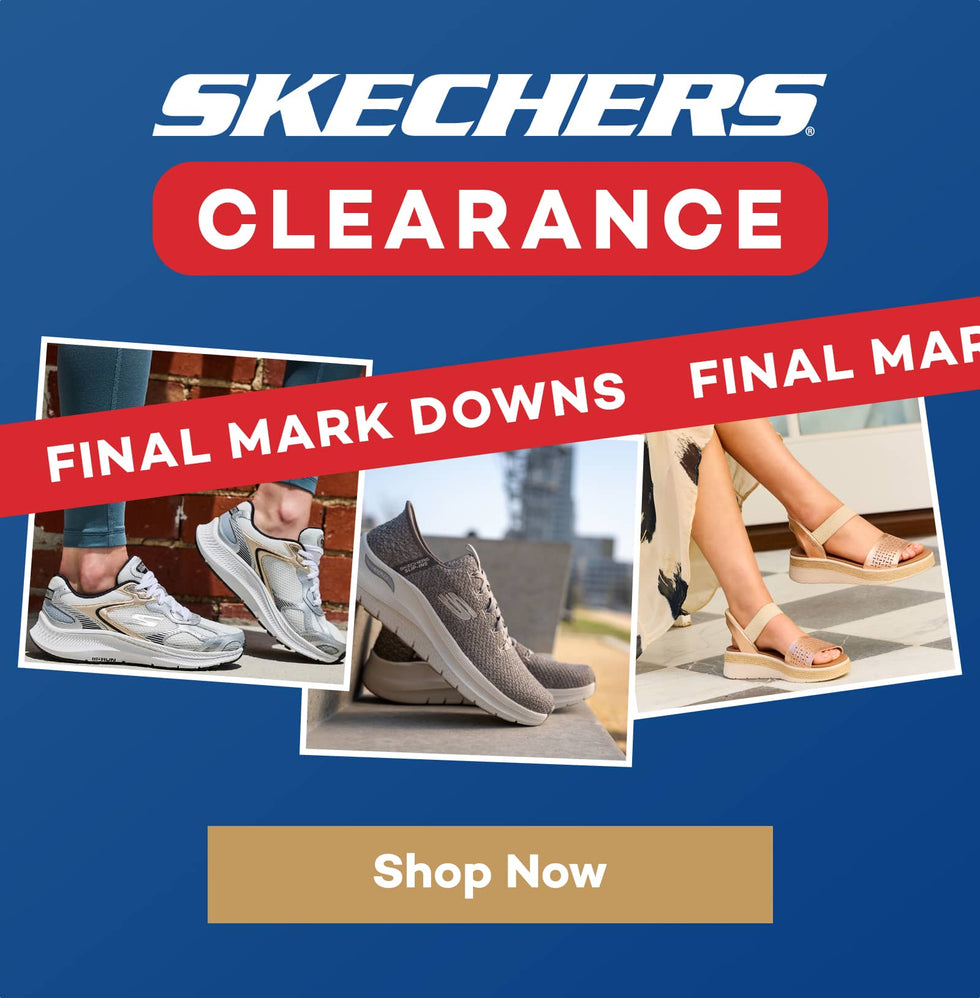 Promotional Skechers Clearance advertisement featuring three pairs of Skechers on a blue background, with the text "CLEARANCE" and "FINAL MARK DOWNS" overlaid in red. Click to visit our Skechers Clearance collection.