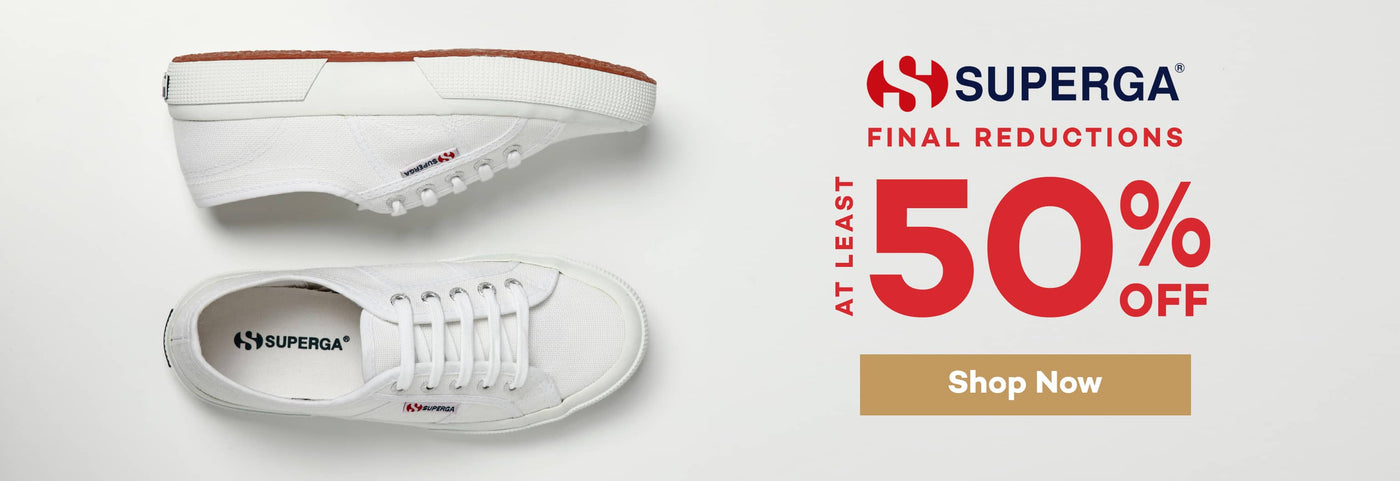 Superga footwear sale banner with "At least 50% off" offer displayed beside white shoes. Click to shop now.

