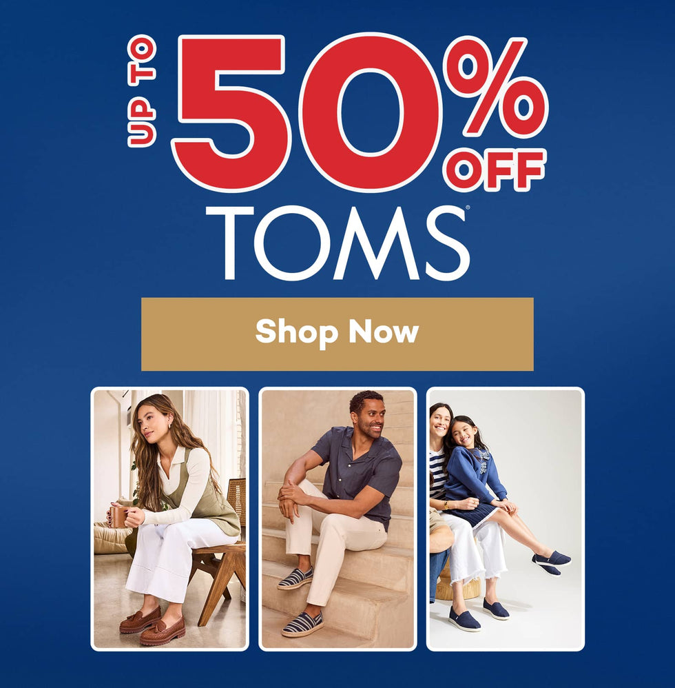 Promotional banner for Toms shoes with up to 50% off Sale. Click to shop now.